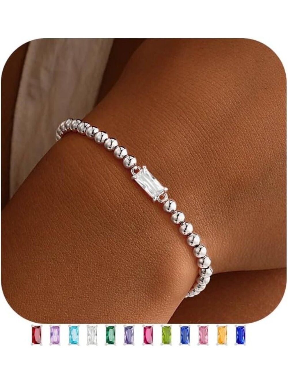 Women's Clear Silver Plated Birthstone Beaded Bracelet Dainty Jewelry Gift